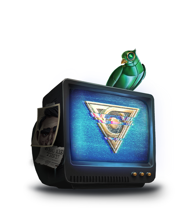 Langley Street 23 intro still — CRT TV and mechanical pigeon