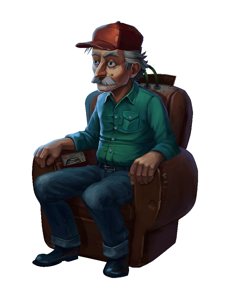 Marvin, the resident of Langley Street 23, sitting in a modified armchair